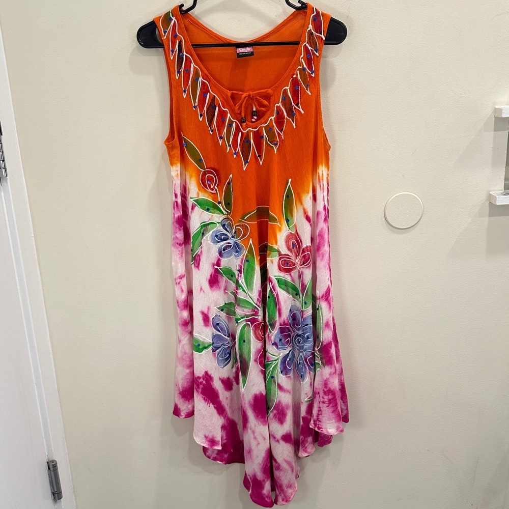 Emily Stacy Orange Pink Tie Dye Floral Painted Handkerchief Hem Boho Dress OS